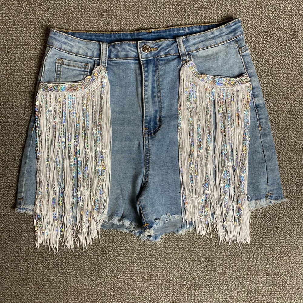 Women’s Original Hand Embellished Sequin Fringe Denim Festival Shorts